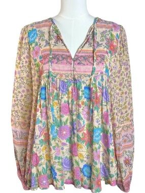 Spell Bohemian 70s Beachy Mossy Boho Blouse in Spring Garden Birds Size Small